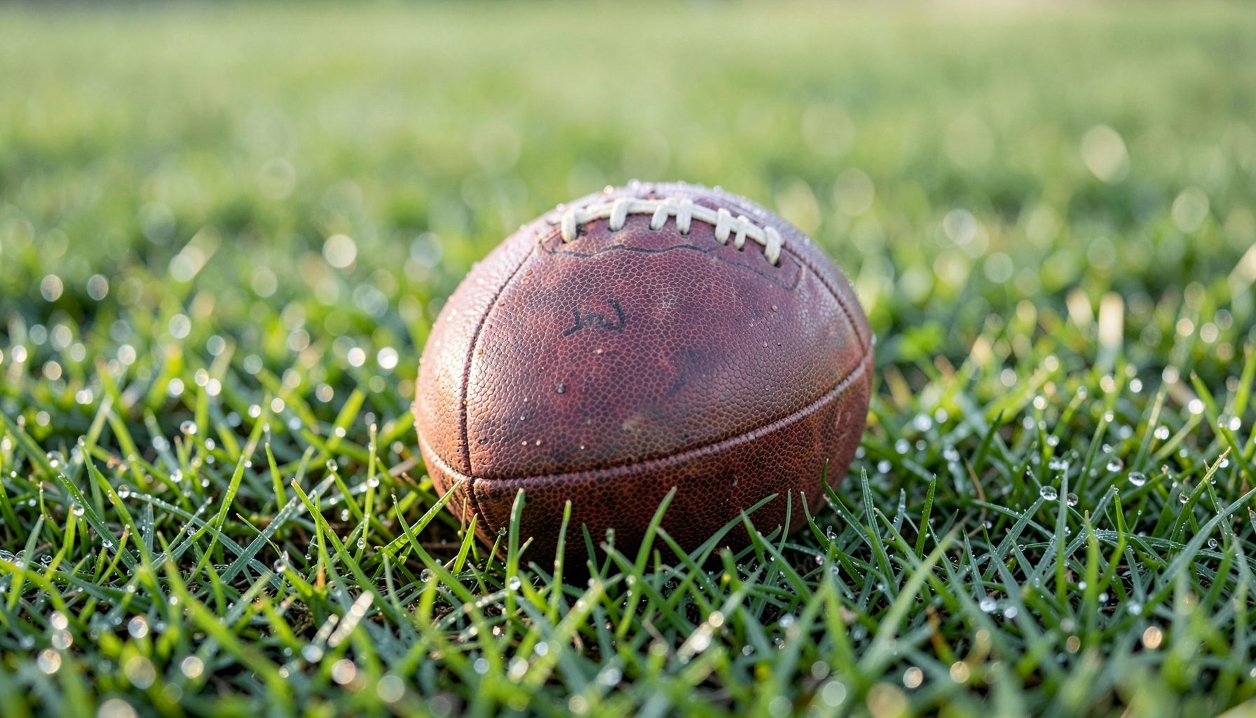 Close-up of a vintage leather football resting on dewy green grass in soft morning light