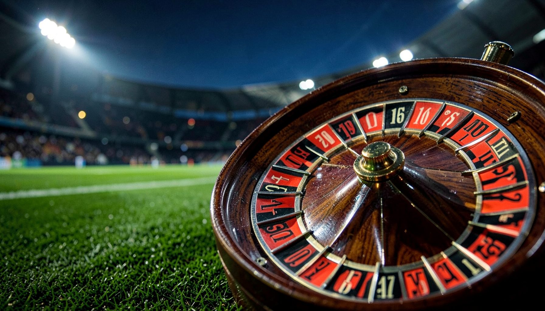 Close-up of a roulette wheel beside a green football pitch, dramatic evening stadium lighting