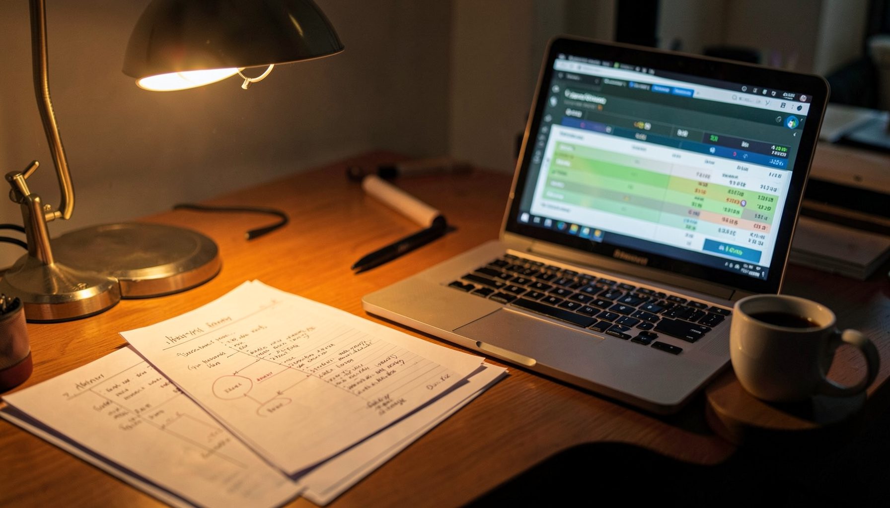 A football manager's desk with tactical notes, a laptop showing match data, and a coffee cup, warm desk-lamp glow