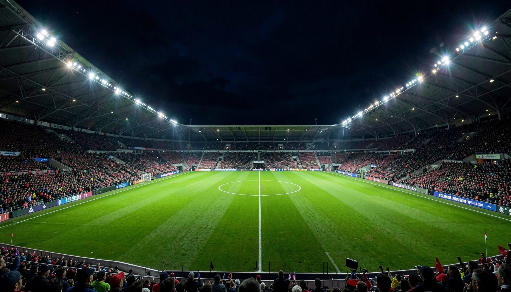 Floodlit football stadium with a green pitch viewed from the stands, dark sky with stadium lights glowing, dramatic atmosphere