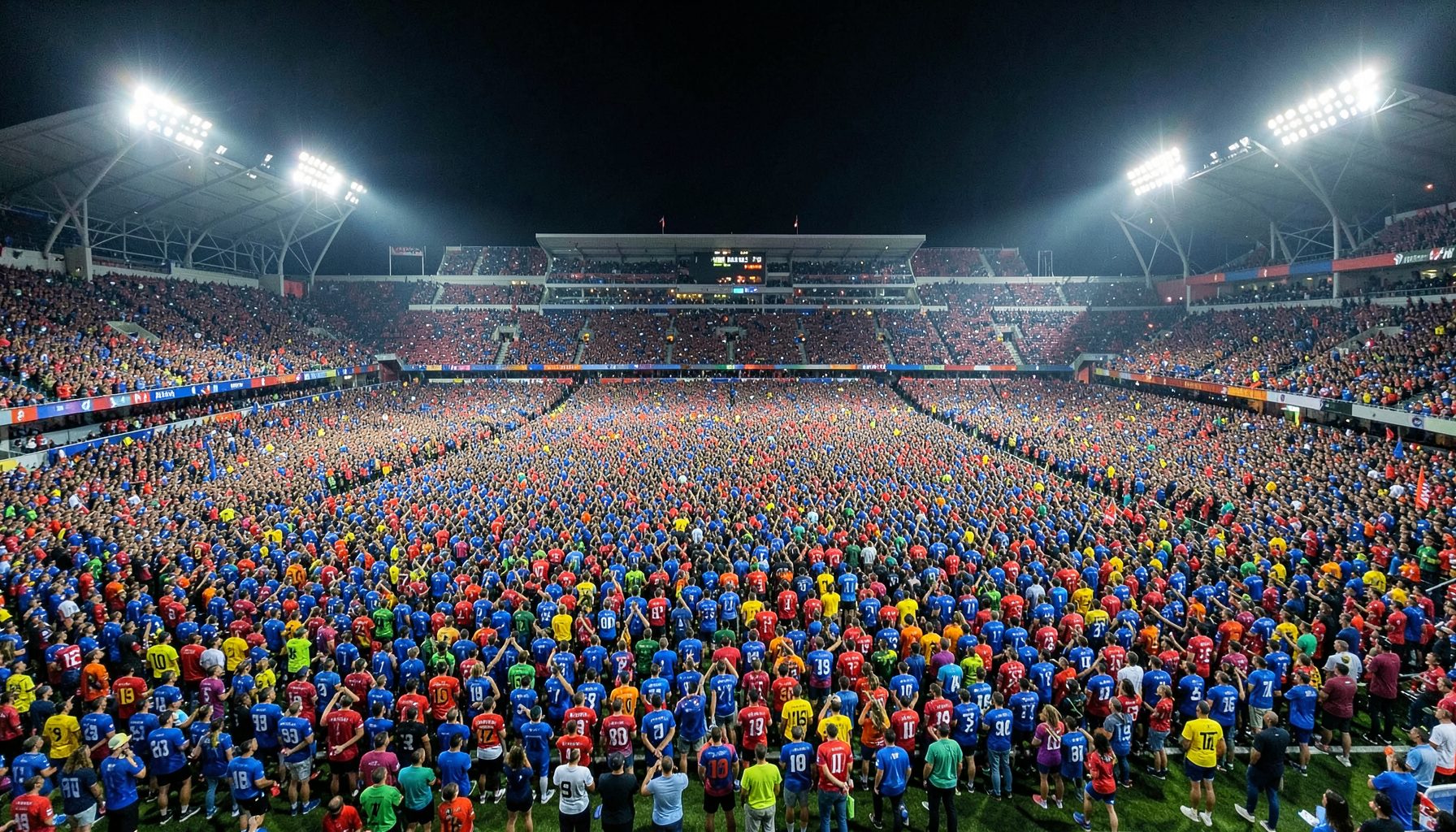Wide aerial view of a packed football stadium under floodlights with a sea of supporters in team colors