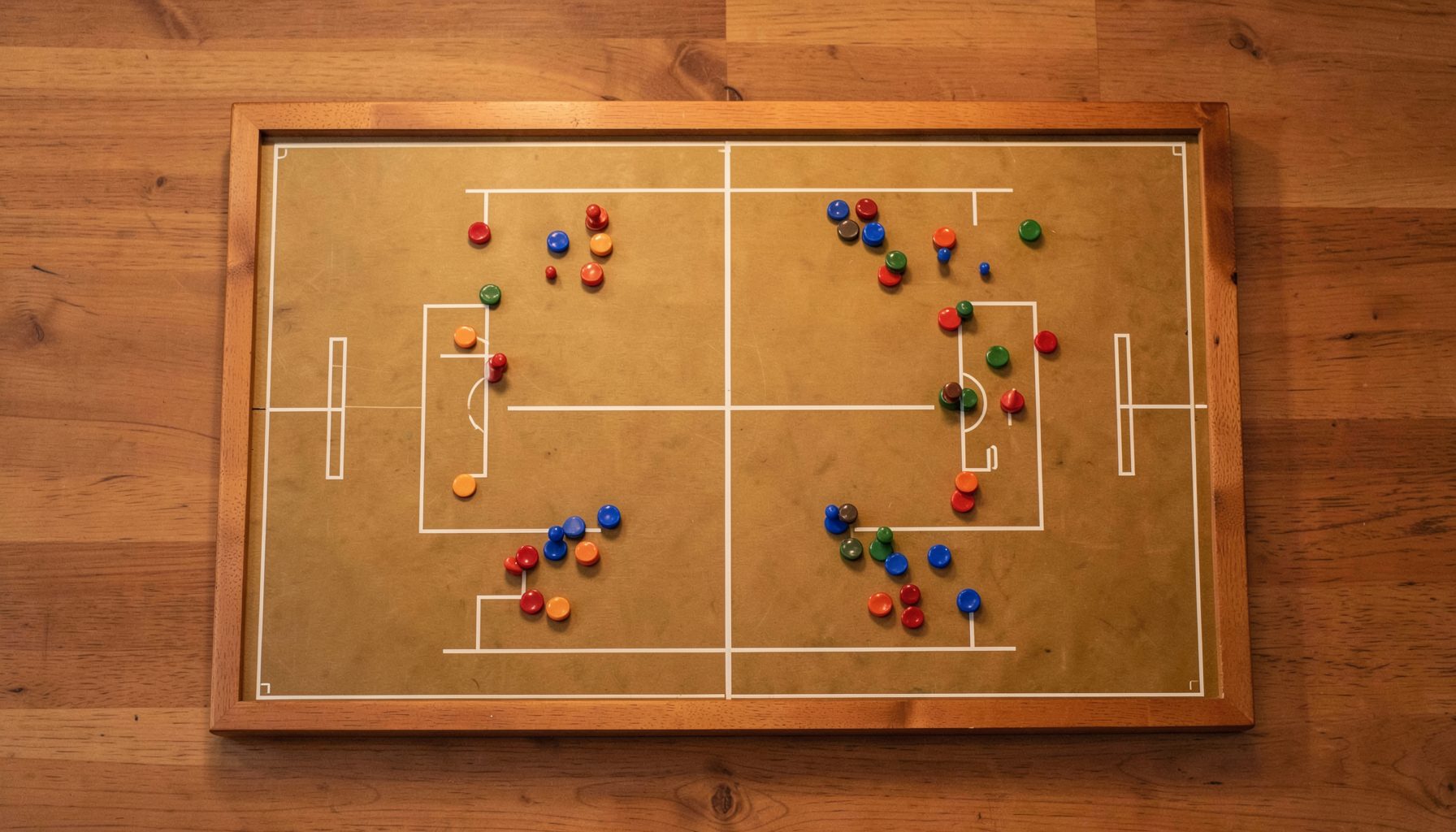 Overhead view of a tabletop football board game with colored buttons positioned as players on a wooden table