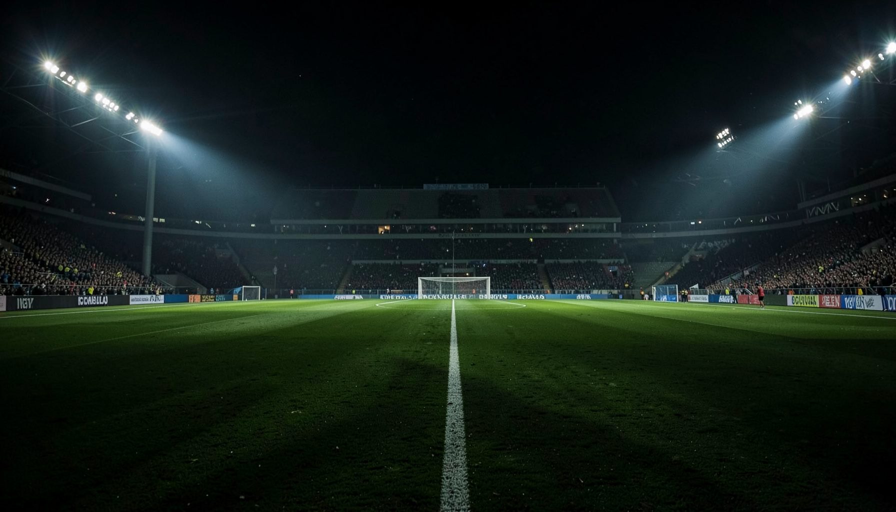 Dark atmospheric football stadium at night with floodlights casting dramatic shadows across an empty pitch